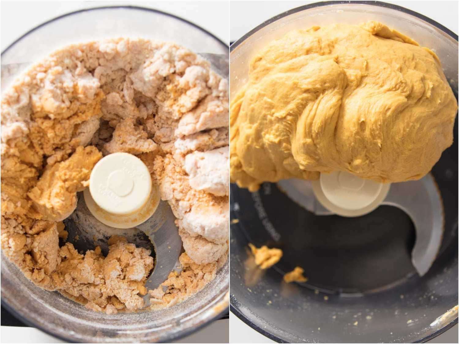 Photo collage showing pumpkin yeast sandwich bread dough being kneaded in a food processor. Collage shows un-kneaded and fully kneaded and soft dough.