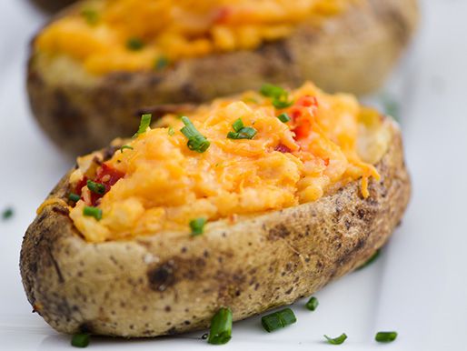 Closeup of a pimento cheese twice baked potato.