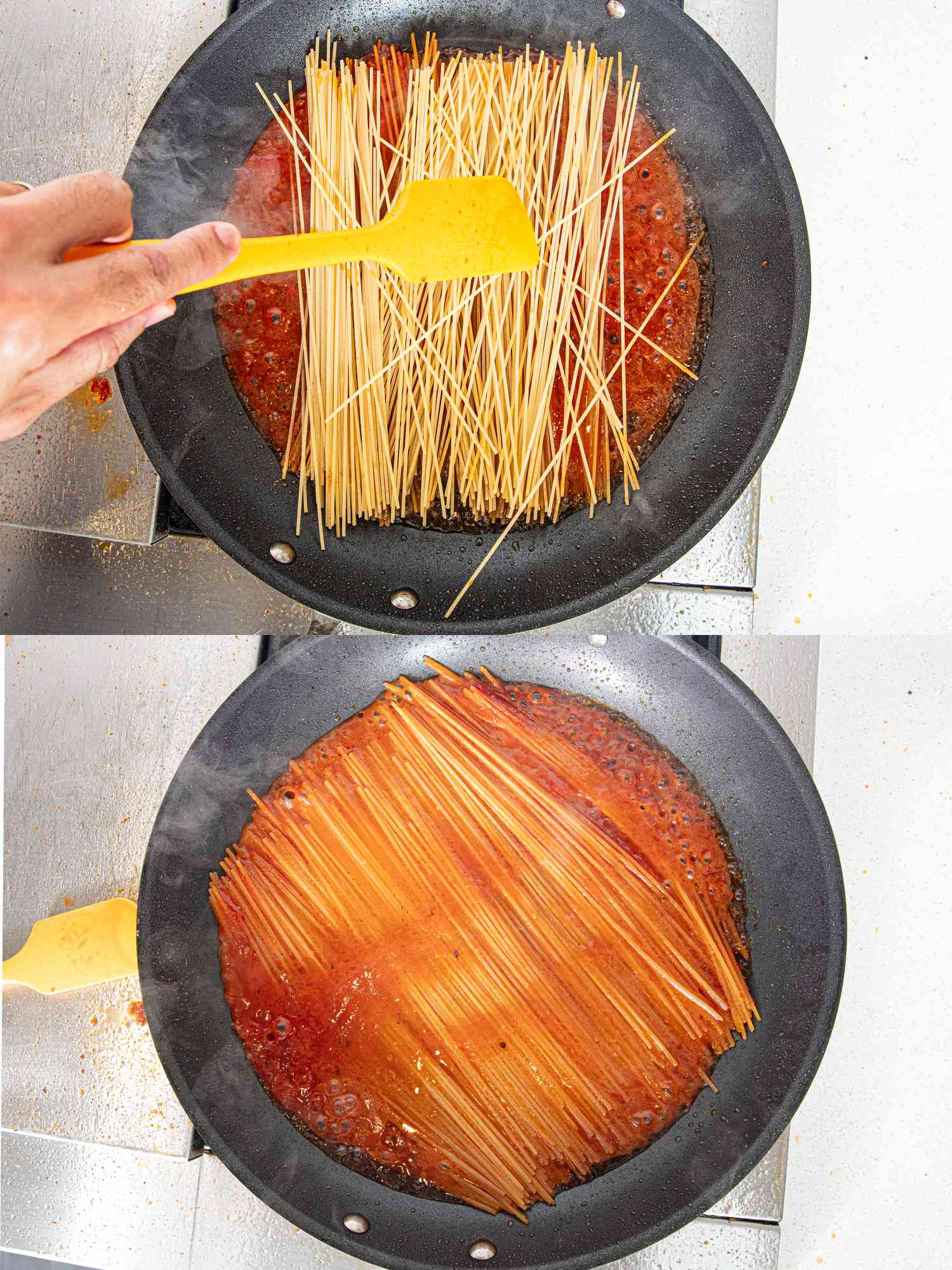 Two image collage of adding pasta