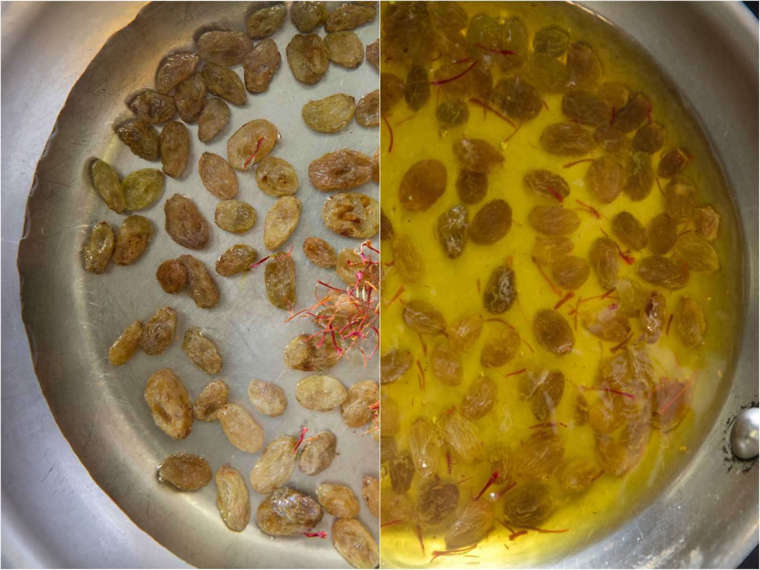 Collage of raisins soaking in hot wine with saffron. In the second photo the raisins are plumped and the liquid is golden-yellow.