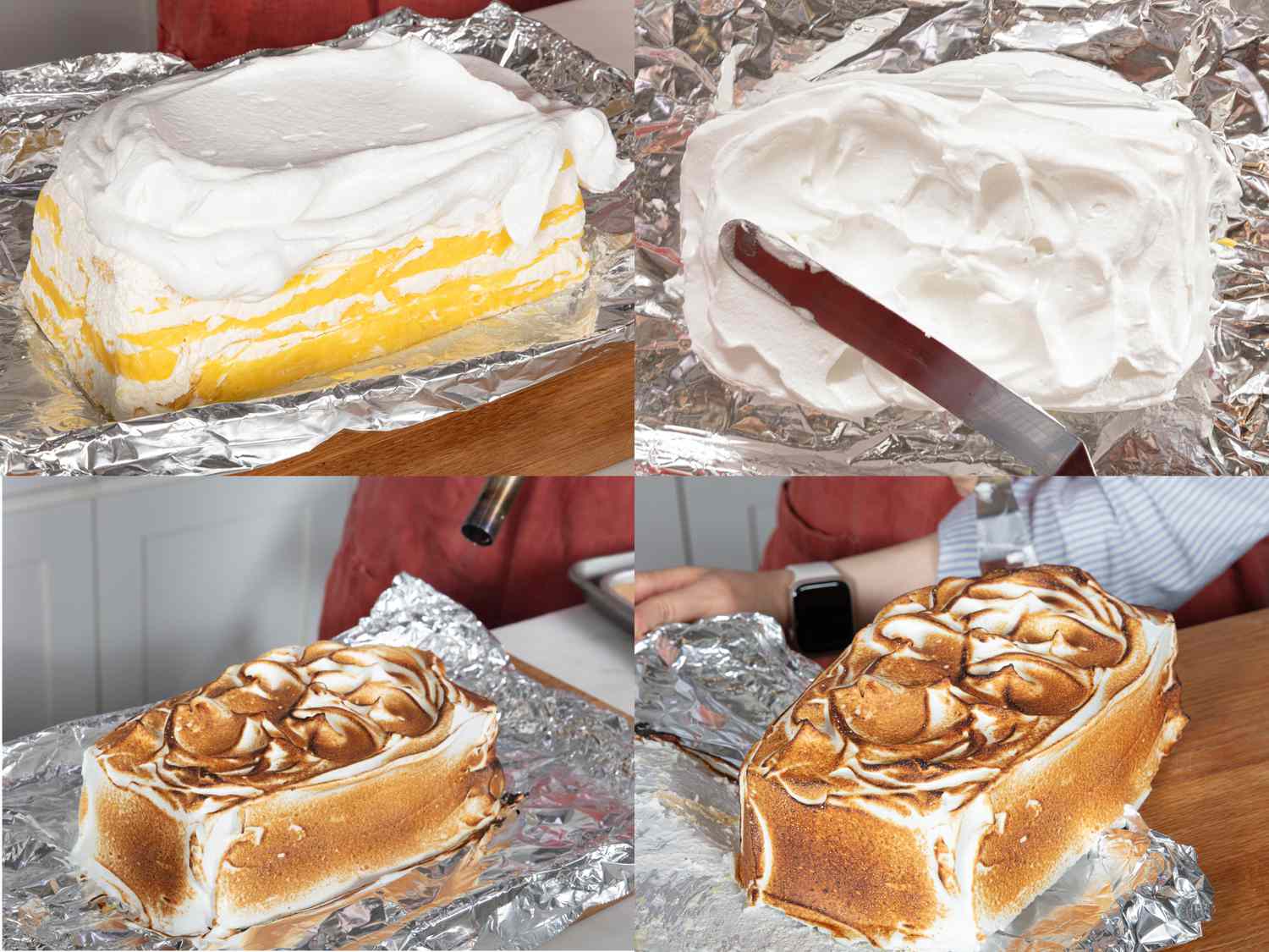 4 image collage. Top left: icebox cake being topped with meringue mix. Top Right: Cake knife spreading meringue onto cake. Bottom Left: Lemon meringue icebox cake being browned with a blow torch on top of foil. Bottom Right: Using cake knife to slide meringue off of foil and onto serving board