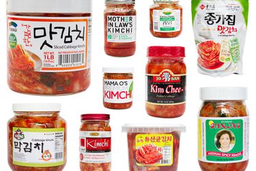 An assortment of storebought kimchi brands for a taste test. 