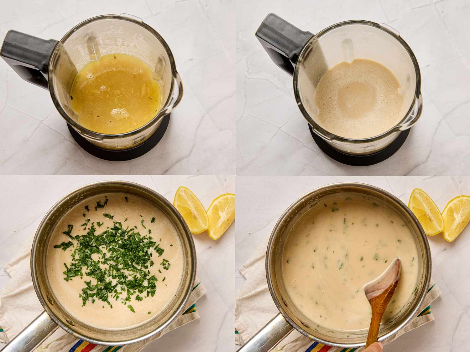 Steps to prepare garlic soup showing a blender with blended ingredients and the final soup in a pot with a garnish and lemon slices nearby