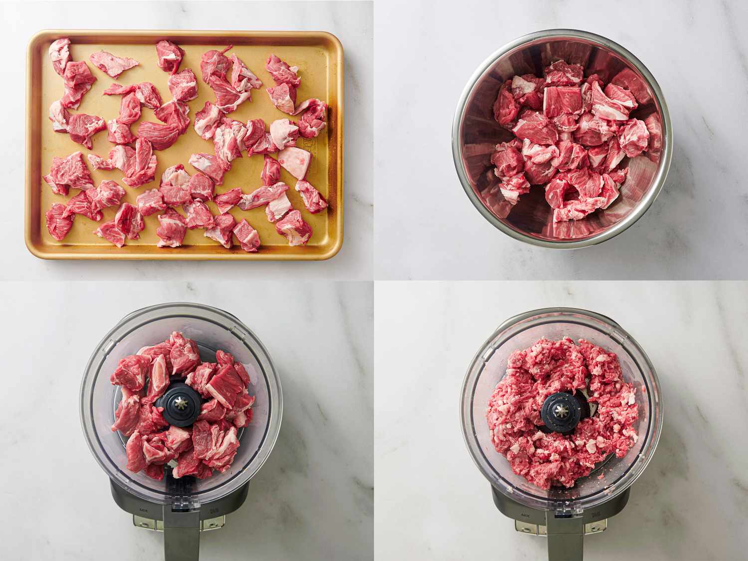 Meat chunks on rimmed baking sheet, meat chunks tossed inside large bowl and food processor, and meat ground up in a food processor