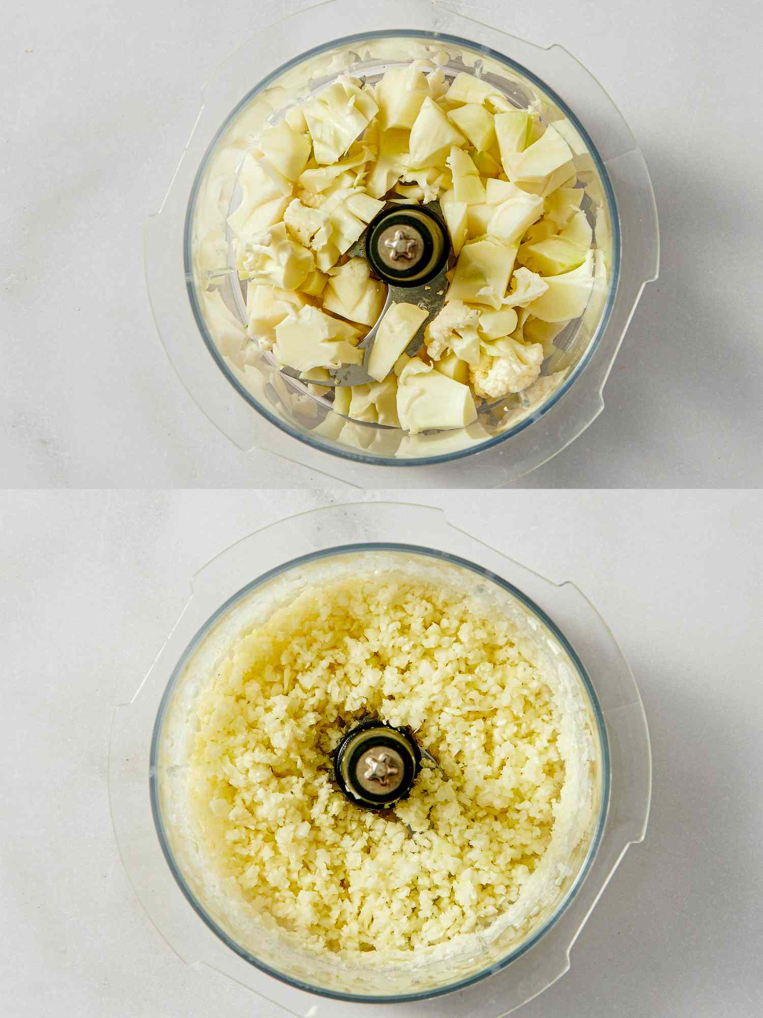 Two food processors showing cubed cauliflower in one and finely processed cauliflower in the other