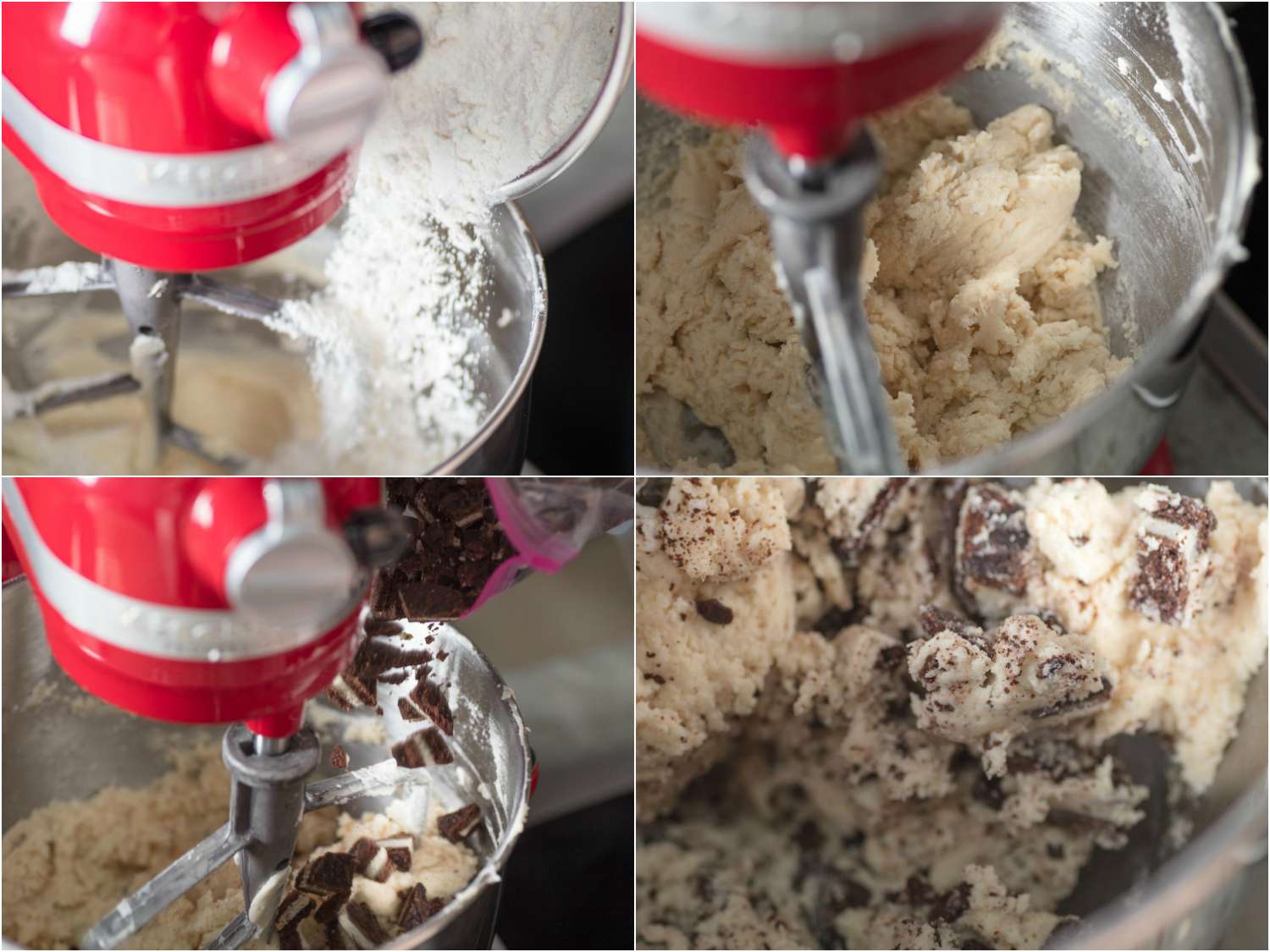 A collage: adding flour, combining with creamed butter mixture, followed by crushed Oreo cookies in a mixing bowl. 