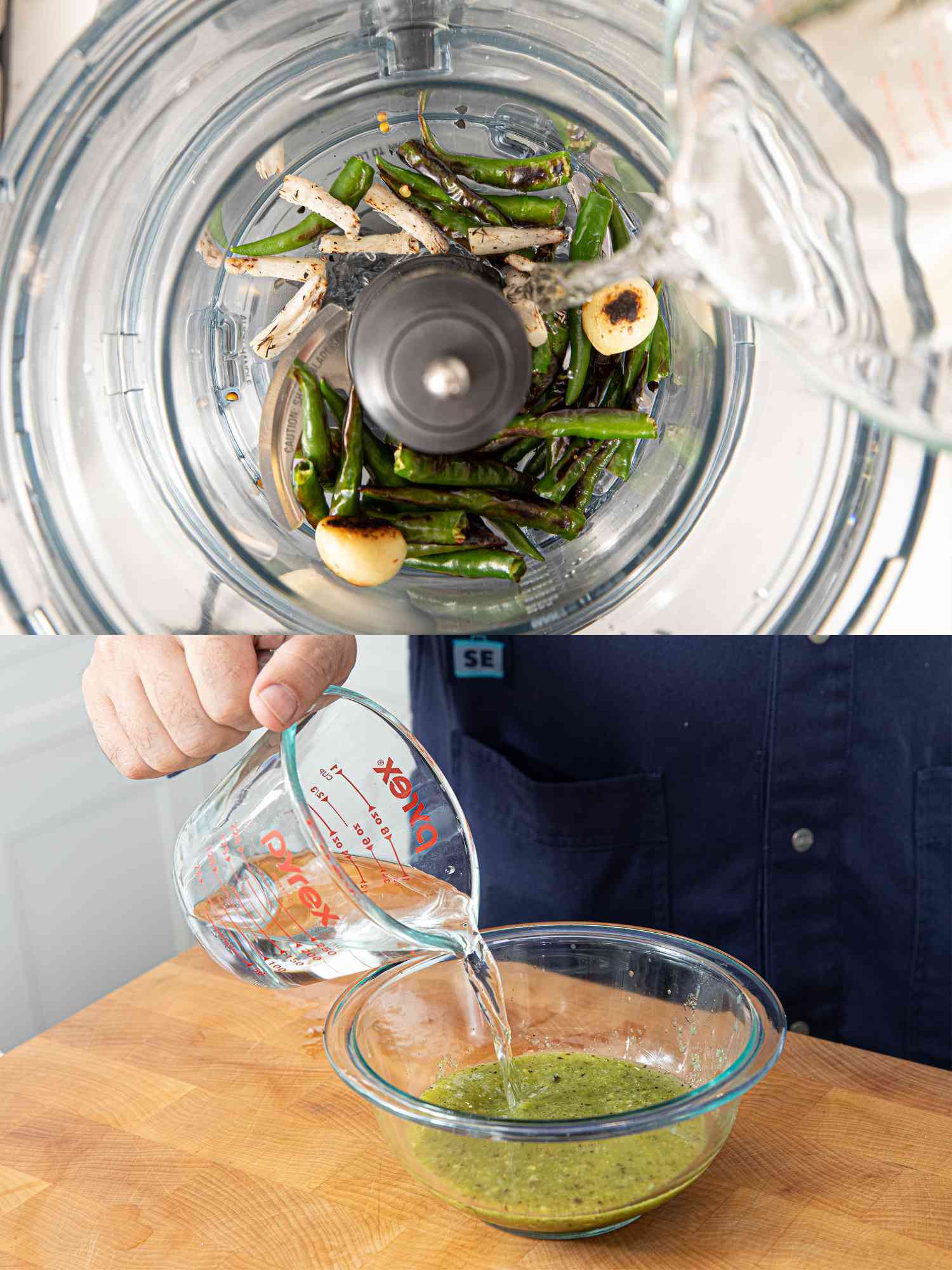 Two image collage of ingredients in a food processor and adding remaining vingear