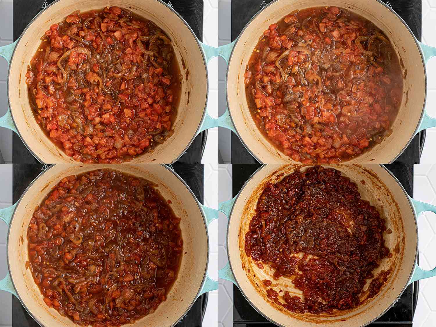 A four-image collage showing the tomatoes being cooked down with the onions. The top-left image shows the chopped tomatoes added to the Dutch oven filled with onions. The top-right image shows the tomatoes and onions, cooked down further. The bottom-left image shows the tomatoes and onions now very cooked down and extruding liquid. The bottom-right image shows the jam now fully caramelized and reduced.