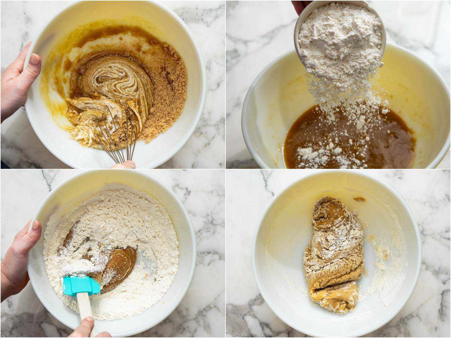 Incorporating the flour into the cookie dough by hand, using a flexible spatula