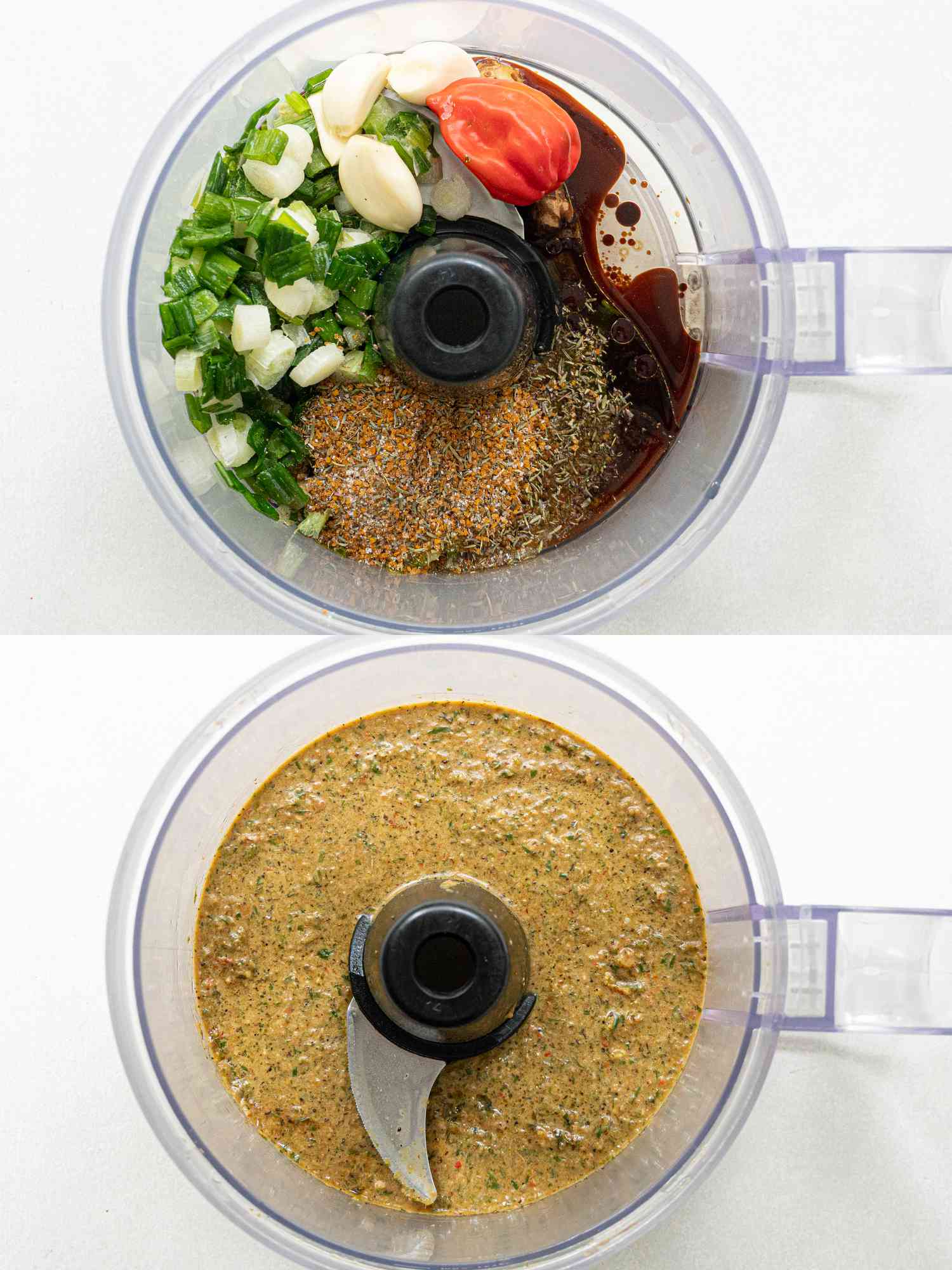 Aromatics and seasonings being blended in a food processor.
