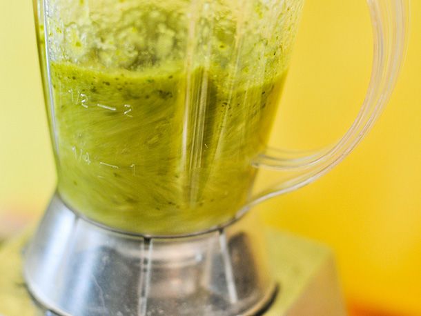 Mixture of chiles, tomatillo, cilantro, and garlic blended until smooth in a blender.