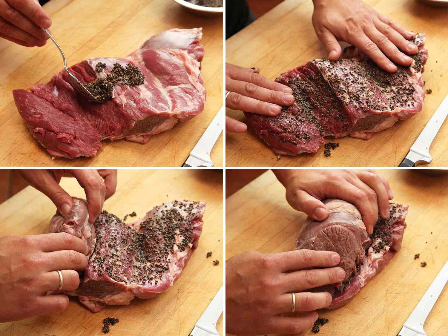 Collage of spooning spice mix inside lamb leg, spreading it out, and rolling up lamb