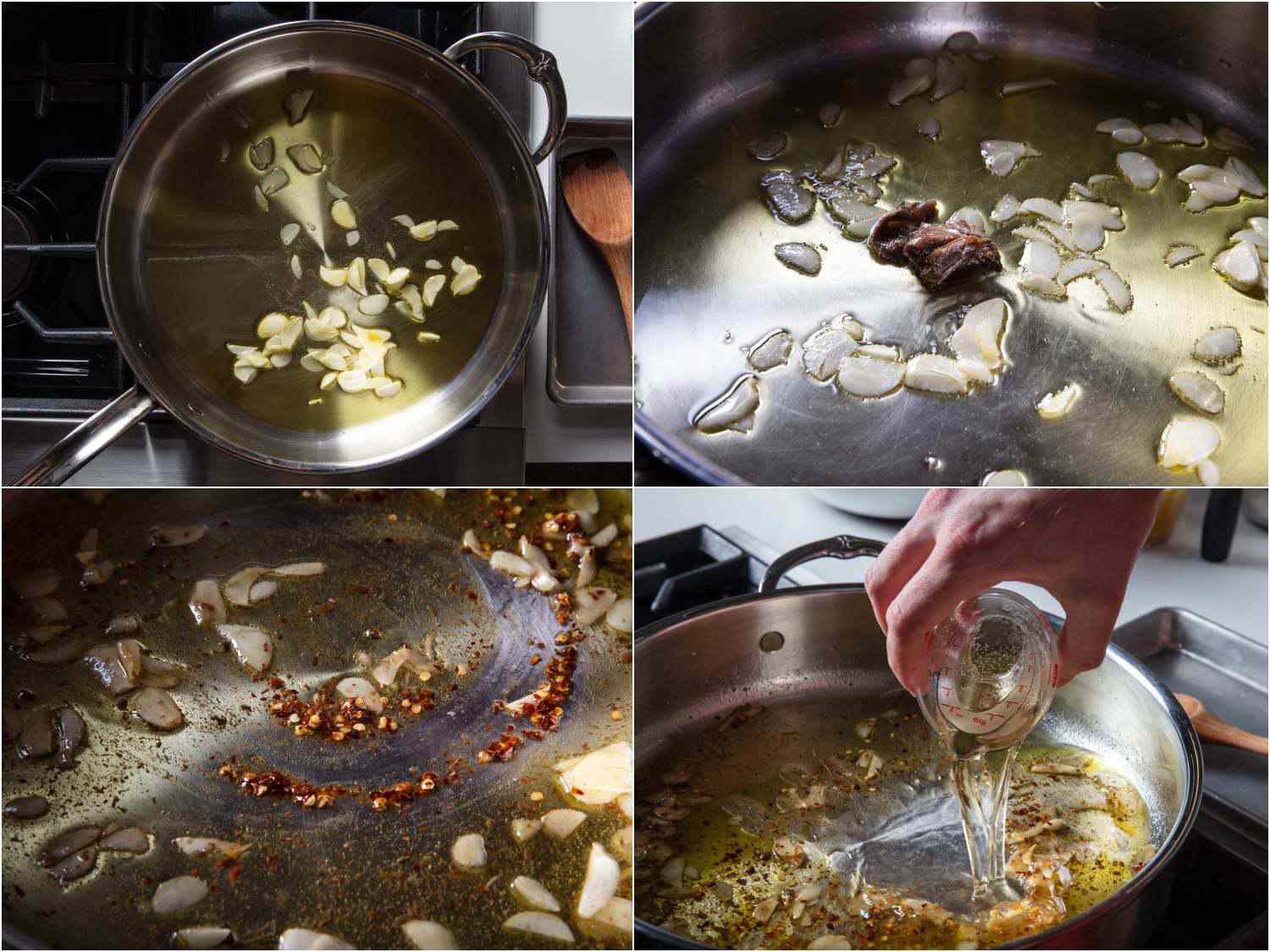4-image collage of garlic being fried in olive oil for beans and greens pasta; followed by the addition of anchovy fillets, red pepper flakes, and white wine.