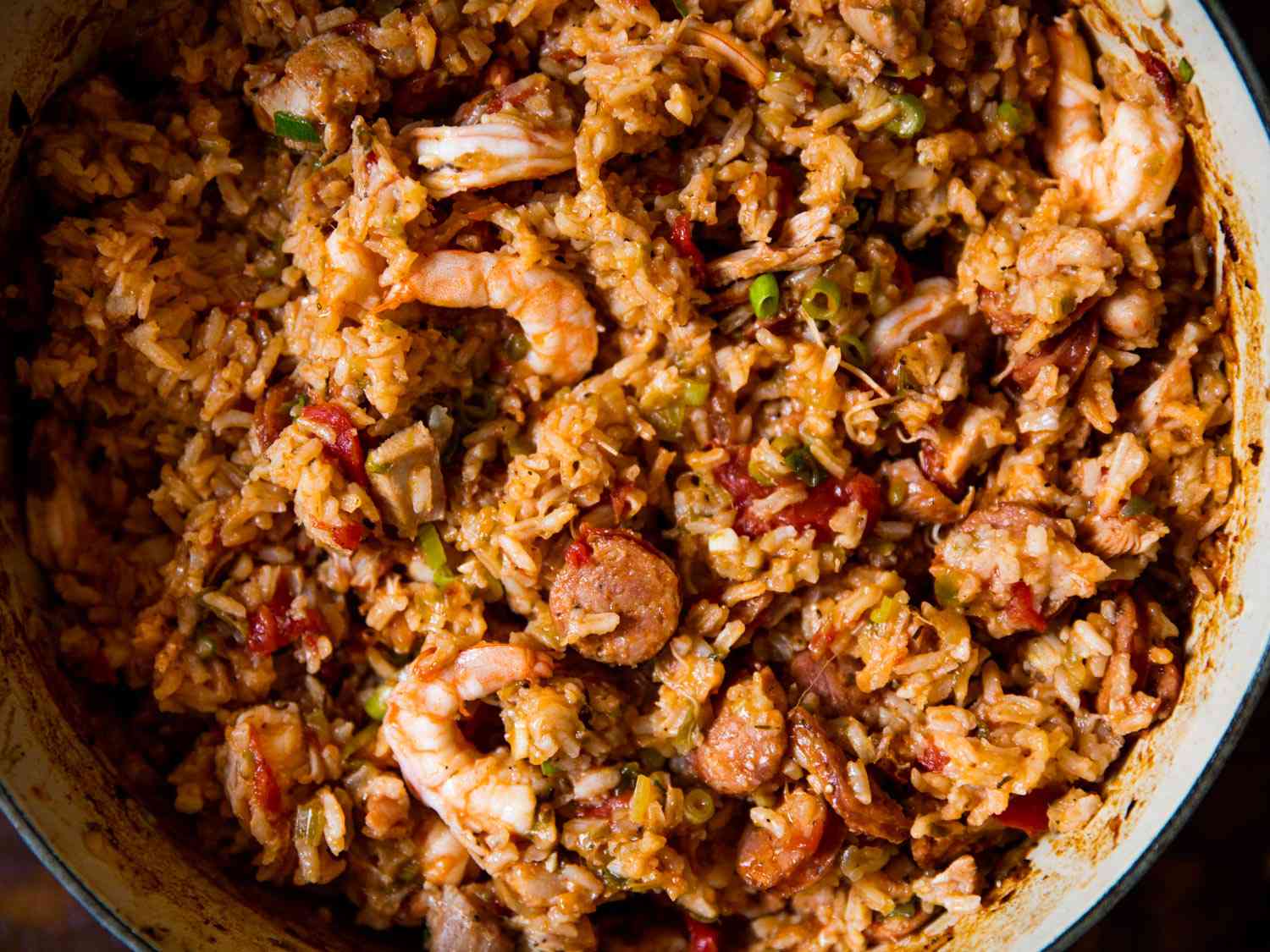 Overhead close-up of the finished jambalaya.