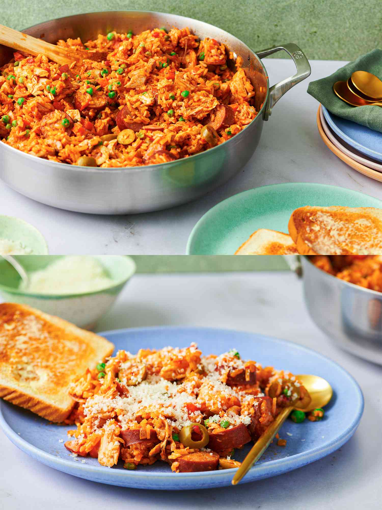 A two-image collage. The top image shows the pan of arroz con pollo, and the bottom image shows a plate with a serving of the dish.