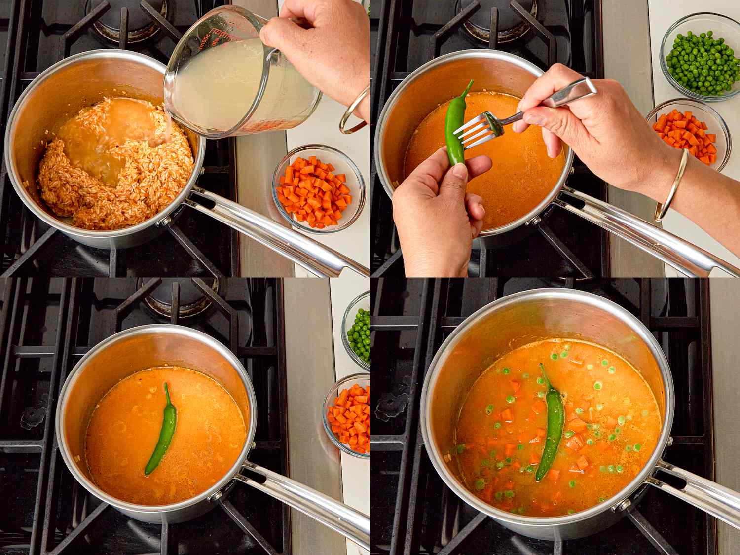 Four image collage of adding pepper, broth and peas and carrots to rice