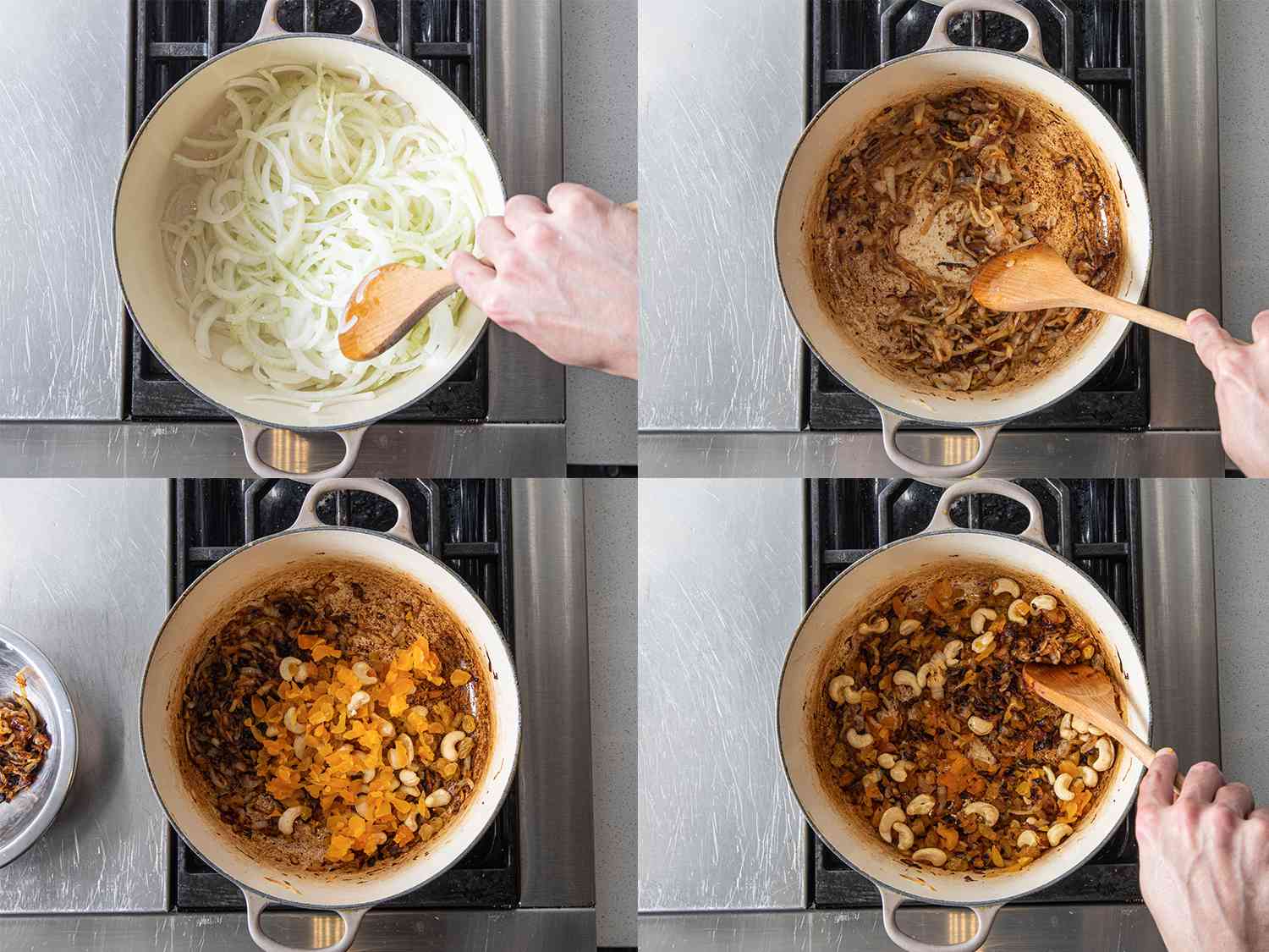 Four image collage. Overhead view of dutch oven on stove top, clockwise from top left: onions added to dutch over; stirring browned onions; apricots and cashews added; tossed mixture being stirred. 