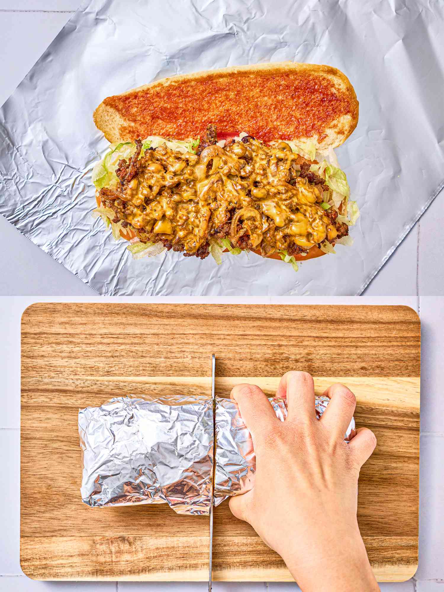 Assembling and slicing chopped cheese.