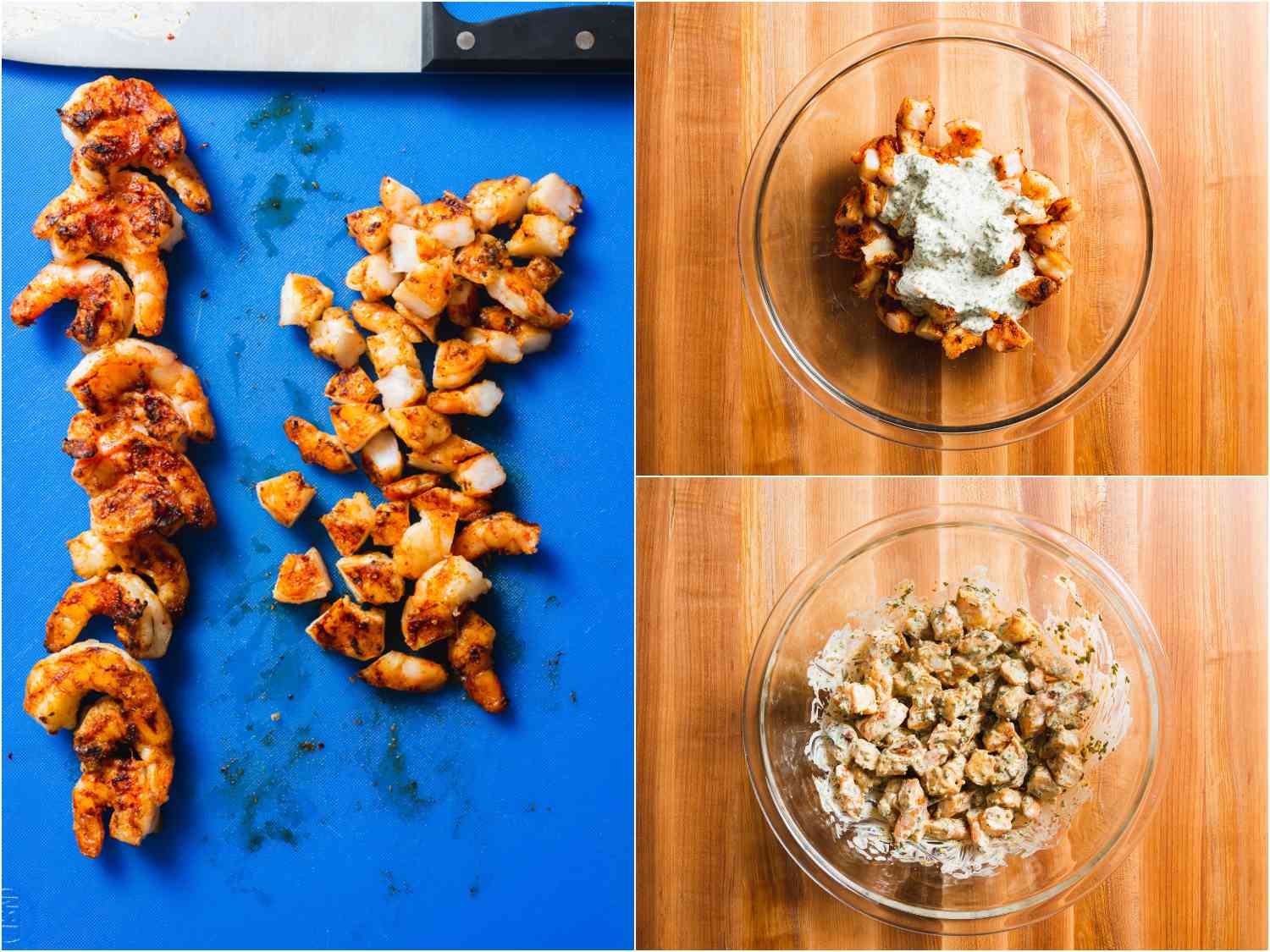 chopping shrimp and mixing with mayo