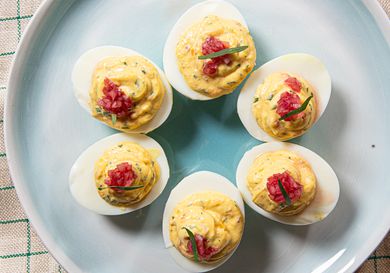 Overhead view of Spring deviled eggs