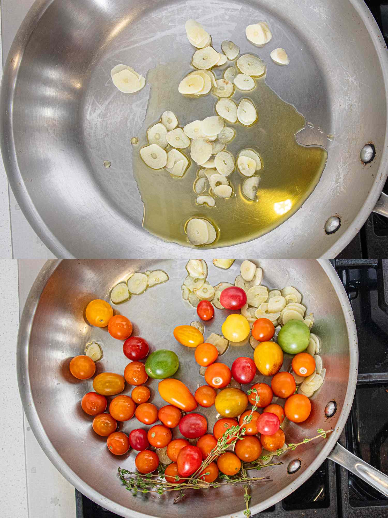Sauted garlic in oil cherry tomatoes and thyme added in a skillet