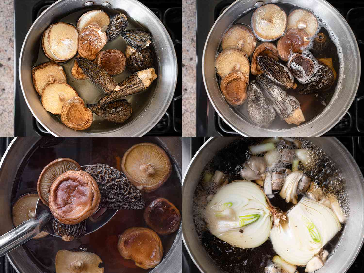 A four-image collage showing the dried mushrooms being rehydrated in a metal pot set over a burner.