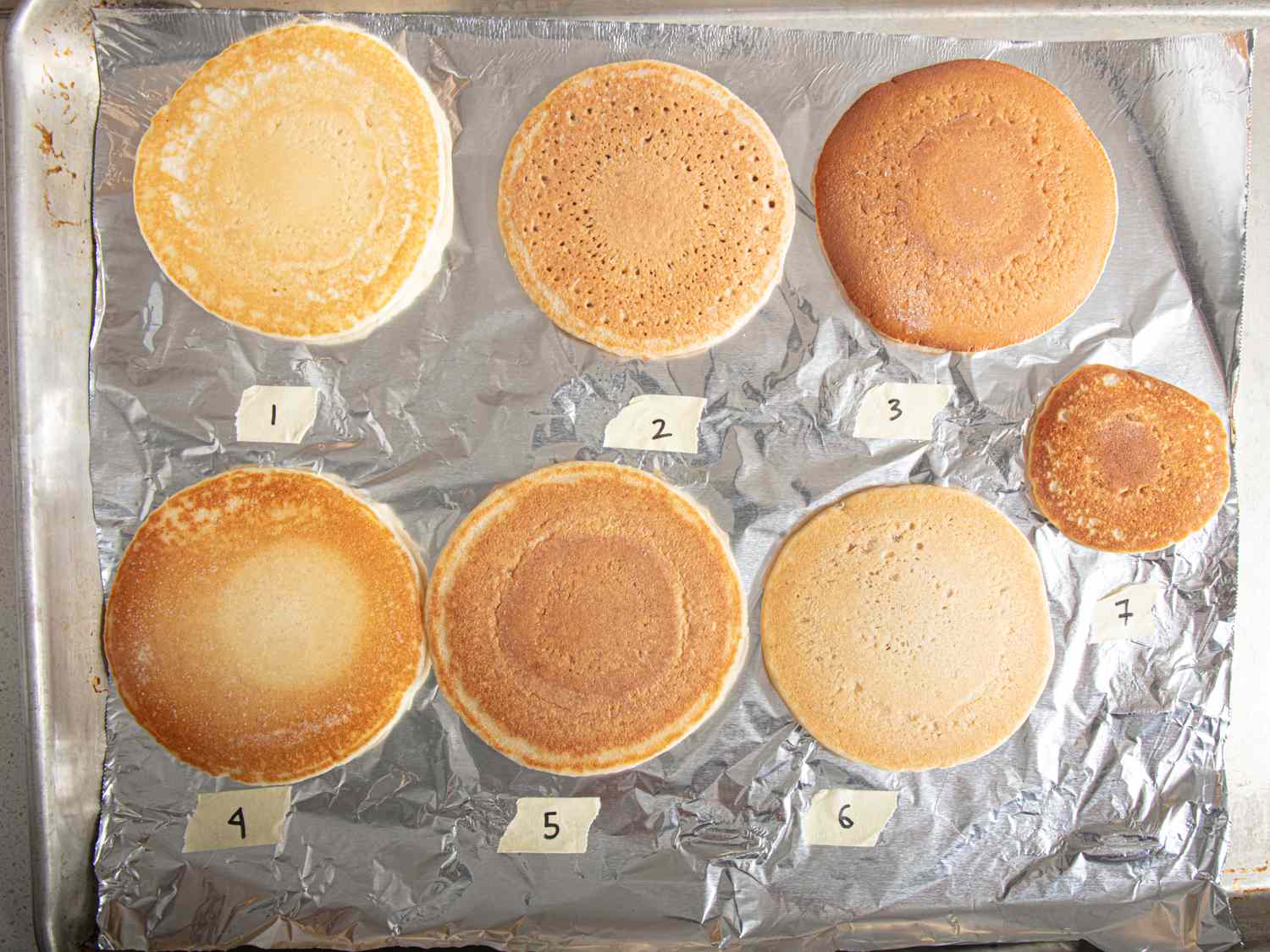 Seven pancakes labeled with numbers 1 to 7 on a foillined tray