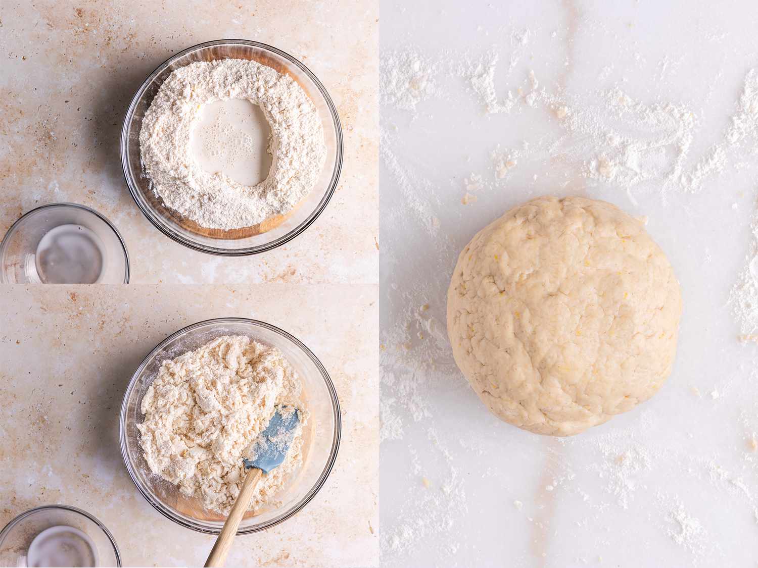Three Image Collage: flour mixture with well filled with milk; milk incorporated into mixture; round ball of dough on a floured surface