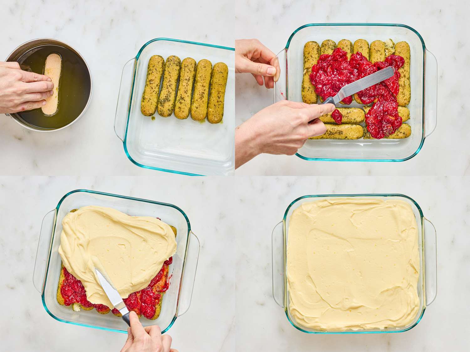 Step-by-step process of assembling a strawberry matcha tiramisu in a glass baking dish
