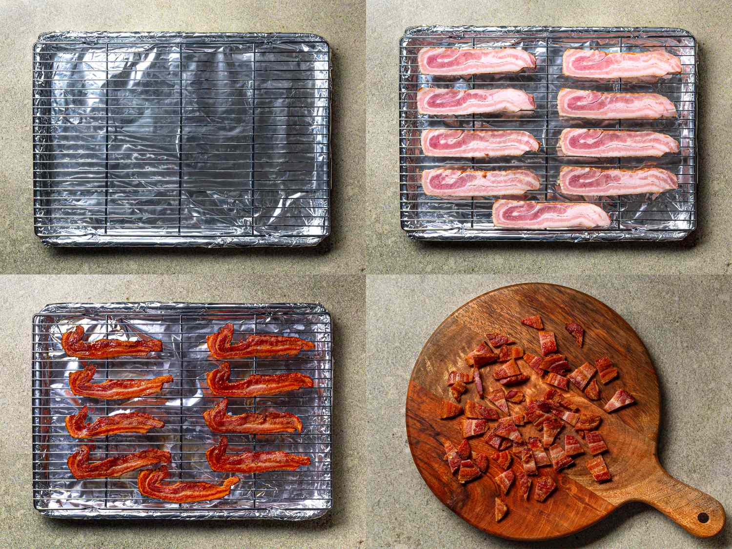 Steps for preparing bacon featuring bacon cooking on a baking sheet and chopped cooked bacon on a wooden board