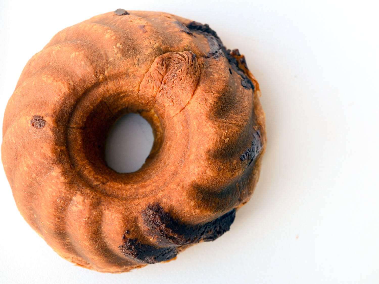 Overhead photo of chocolate babka-like bundt cake.