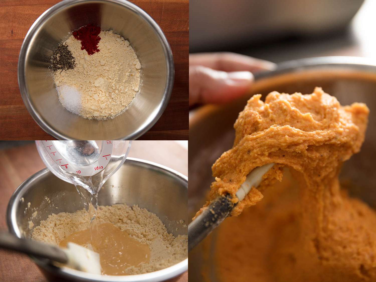 A three-image collage. In order of preparation, the top left image is a top-down shot of a metal mixing bowl holding the dry ingredients for the sev batter. The bottom left image shows the dry ingredients, now fully mixed together, with water being poured into the bowl. The right-most image shows a silicone spatula holding up the now-formed batter, displaying both its color and texture.