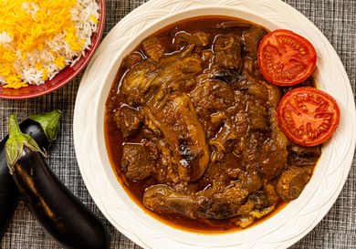 Overhead view of finished eggplant stew
