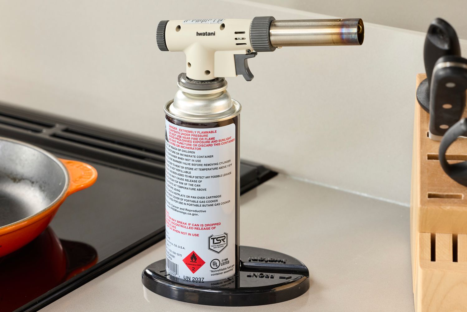 the iwatani butane torch on a kitchen countertop