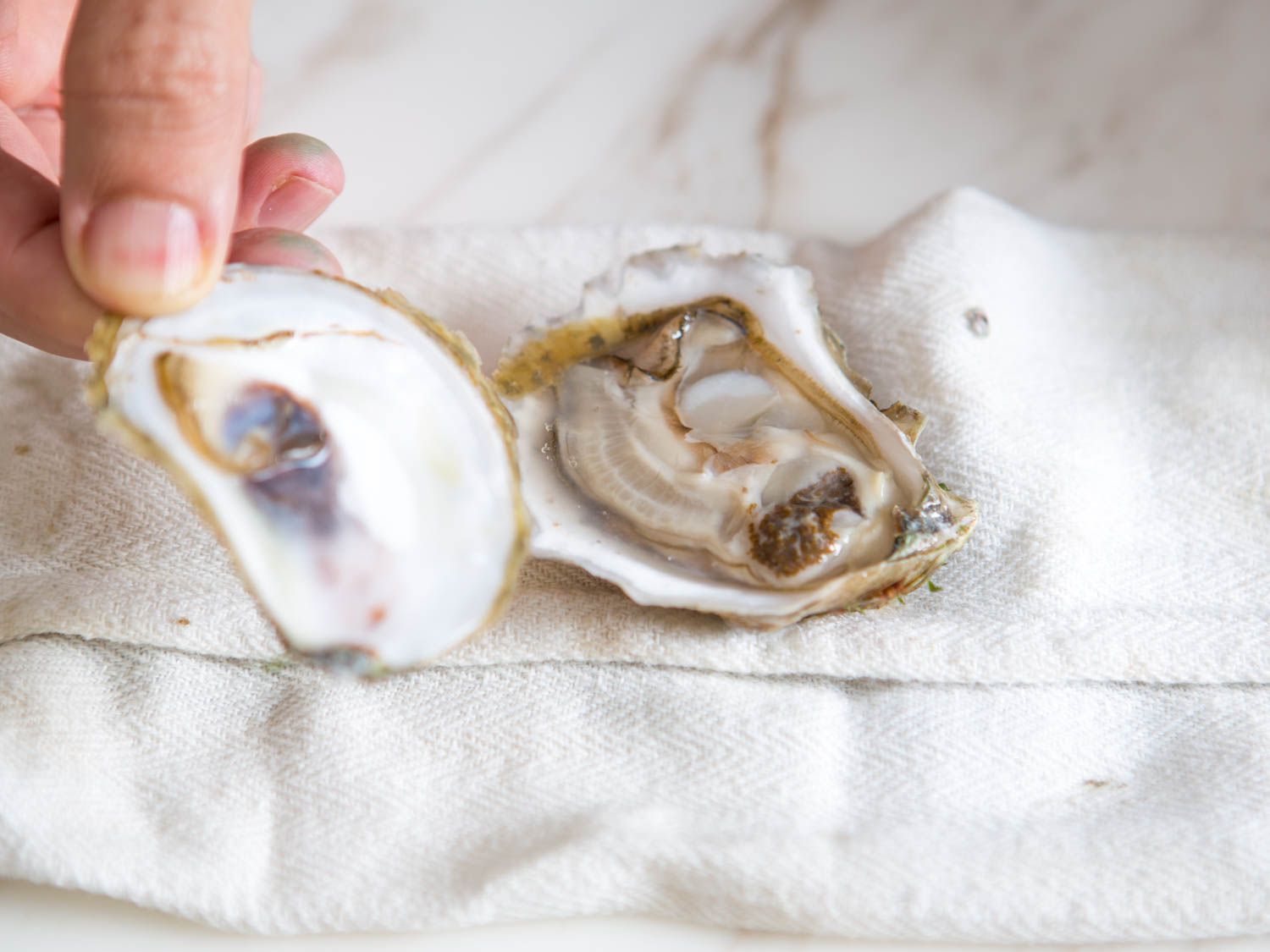 The top shell is removed to reveal the oyster meat.