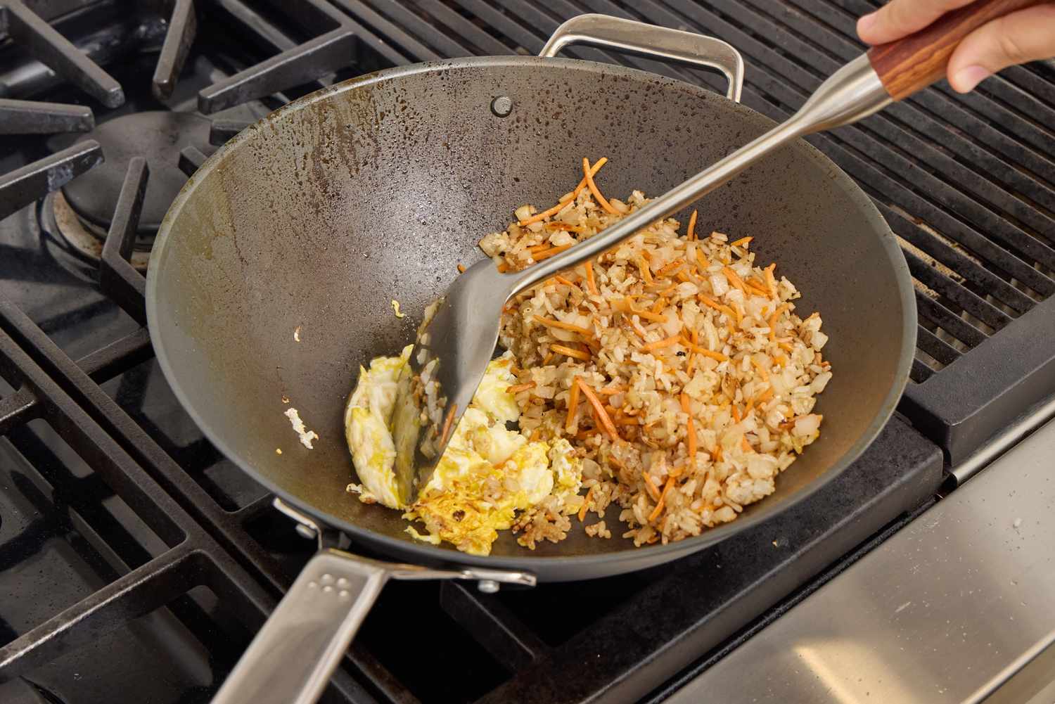 Fried rice is made in the Misen 12 Inch Carbon Steel Wok