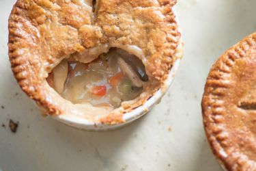 Top down view of a double-crusted chicken pot pie. 