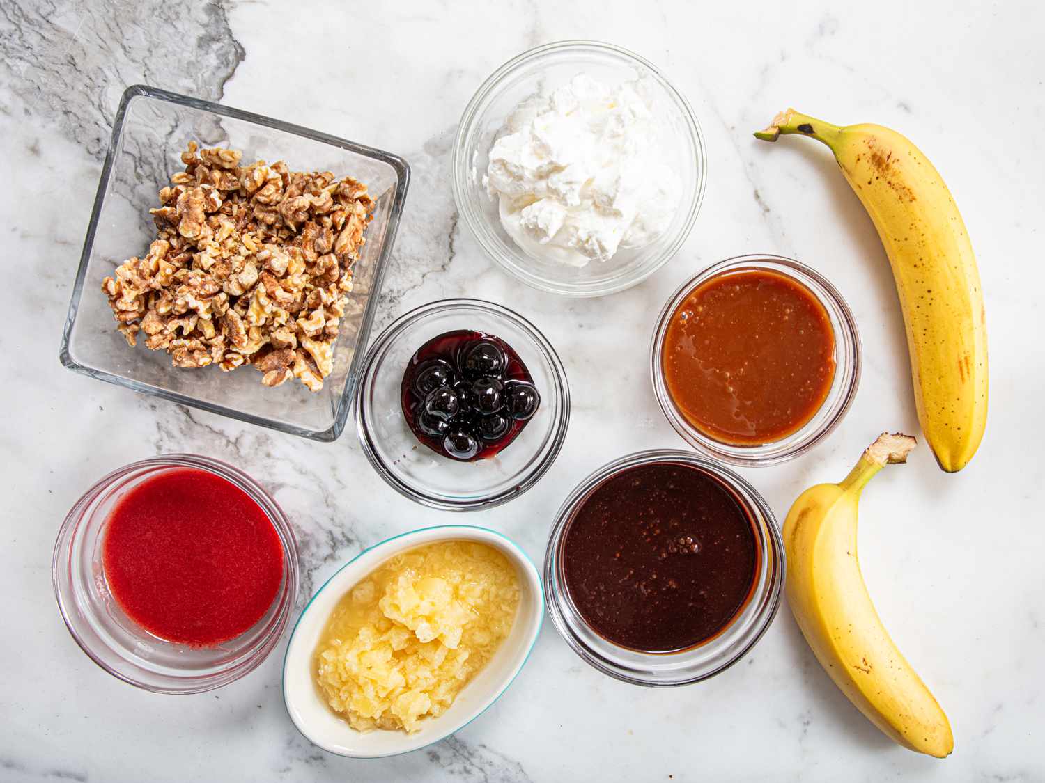 Overhead view of mis en place for banana split