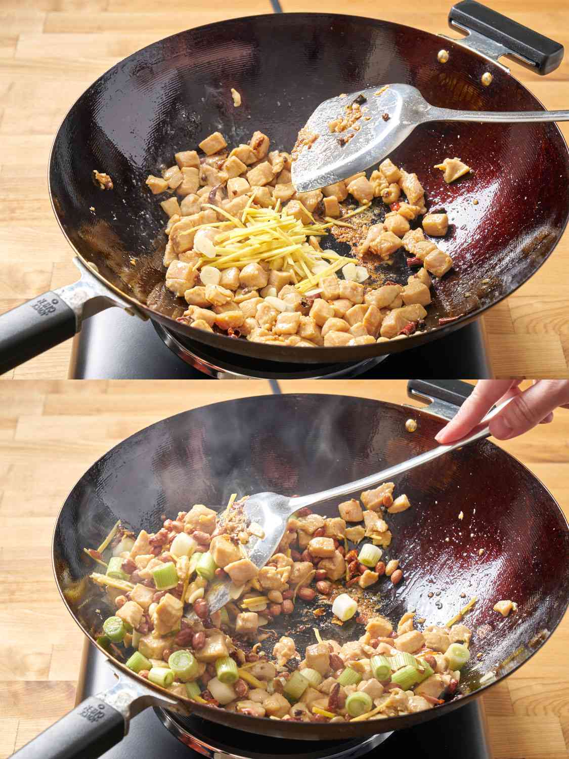 A two-image collage showing scallions and peanuts with garlic and ginger in wok.