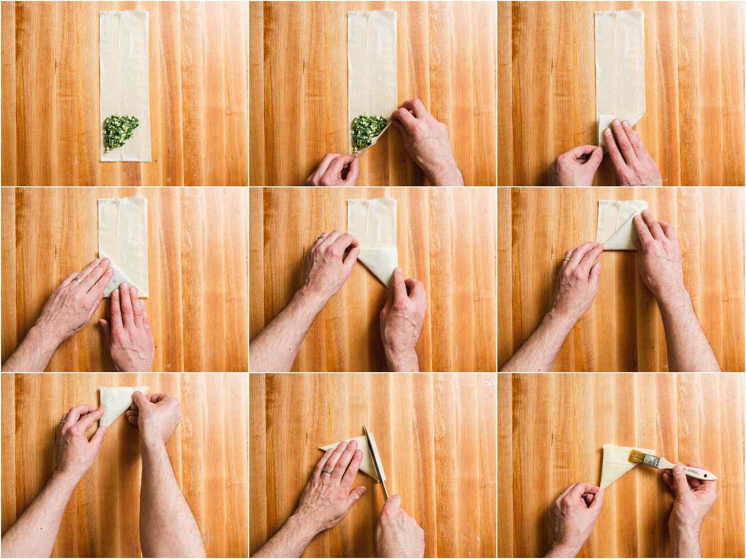 collage: placing filling on the phyllo sheet and folding up into a triangular shape; cutting off the overhanging edge; brushing with melted butter