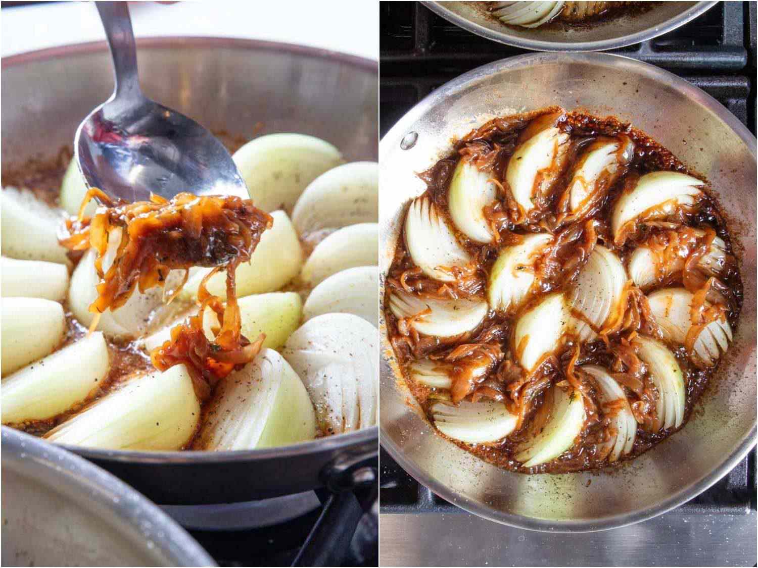 Spooning caramelized onion mixture in between onion wedges in the skillet.