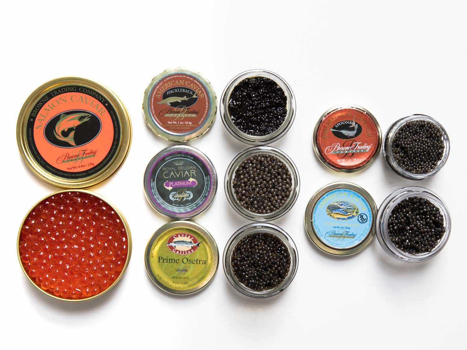 Overhead shot of assorted jars of caviar