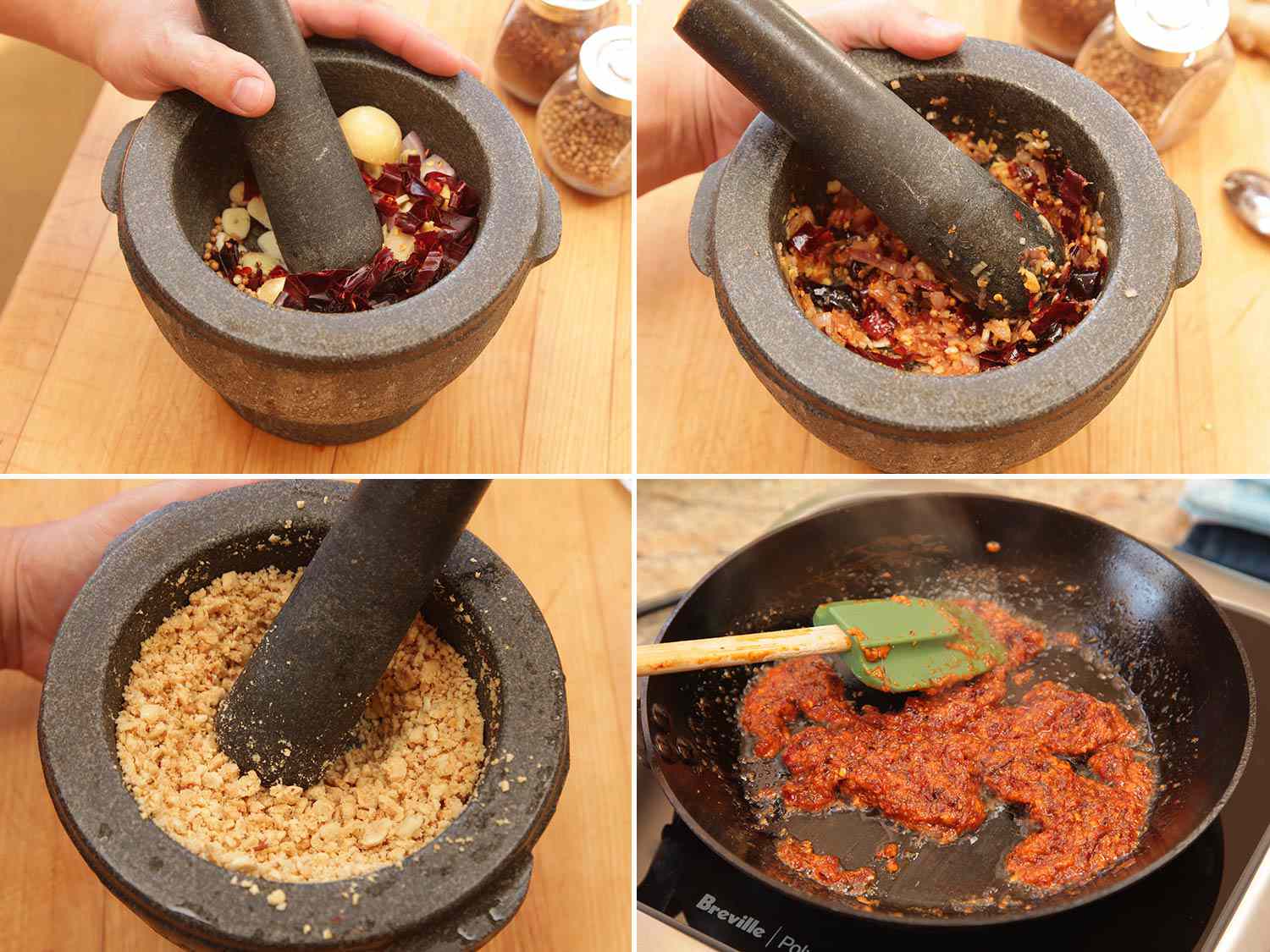 Crushing ingredients for a spice paste using a mortar and pestle, crushing peanuts in mortar, then heating the paste in a skillet.