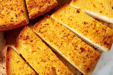 Overhead view of garlic bread