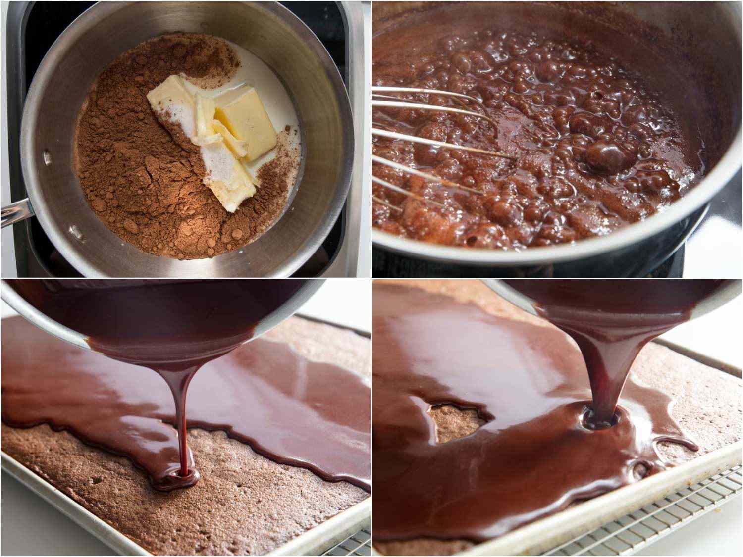 A four image collage. The top left shows butter, cocoa powder, and milk in a saucepan. The top right shows the mixture bubbling. The bottom two images show pouring the frosting onto a baked cake.