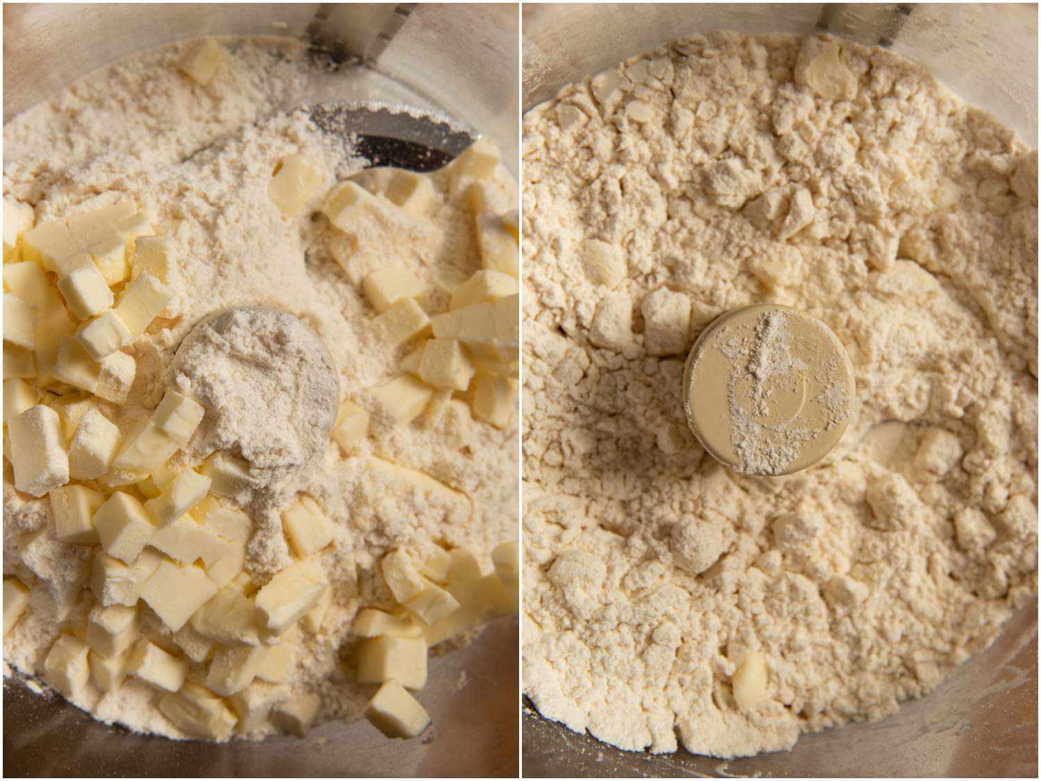 Photo collage showing pulsing butter into the dry flour mixture using a food processor.