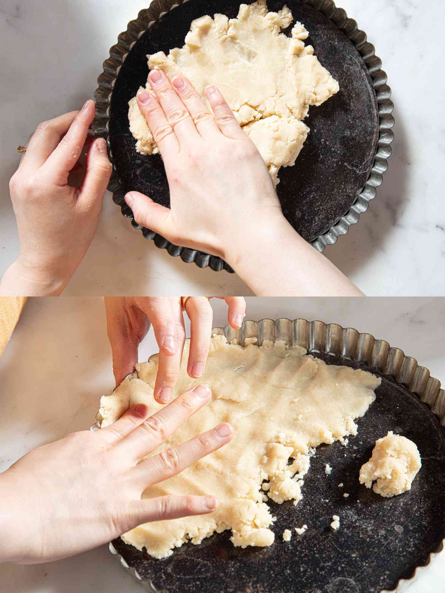 Overhead view of pressing crust into pan
