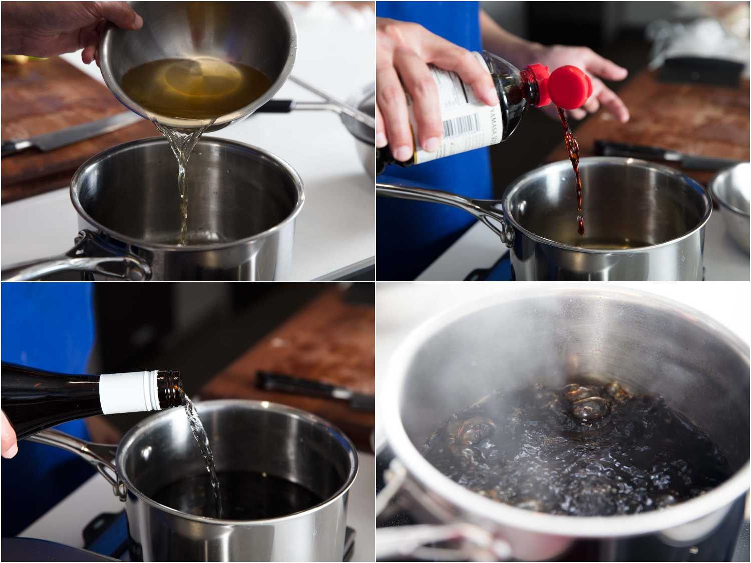 Collage of adding tare, soy sauce, and sake to a saucepan and then simmering and reducing the mixture.