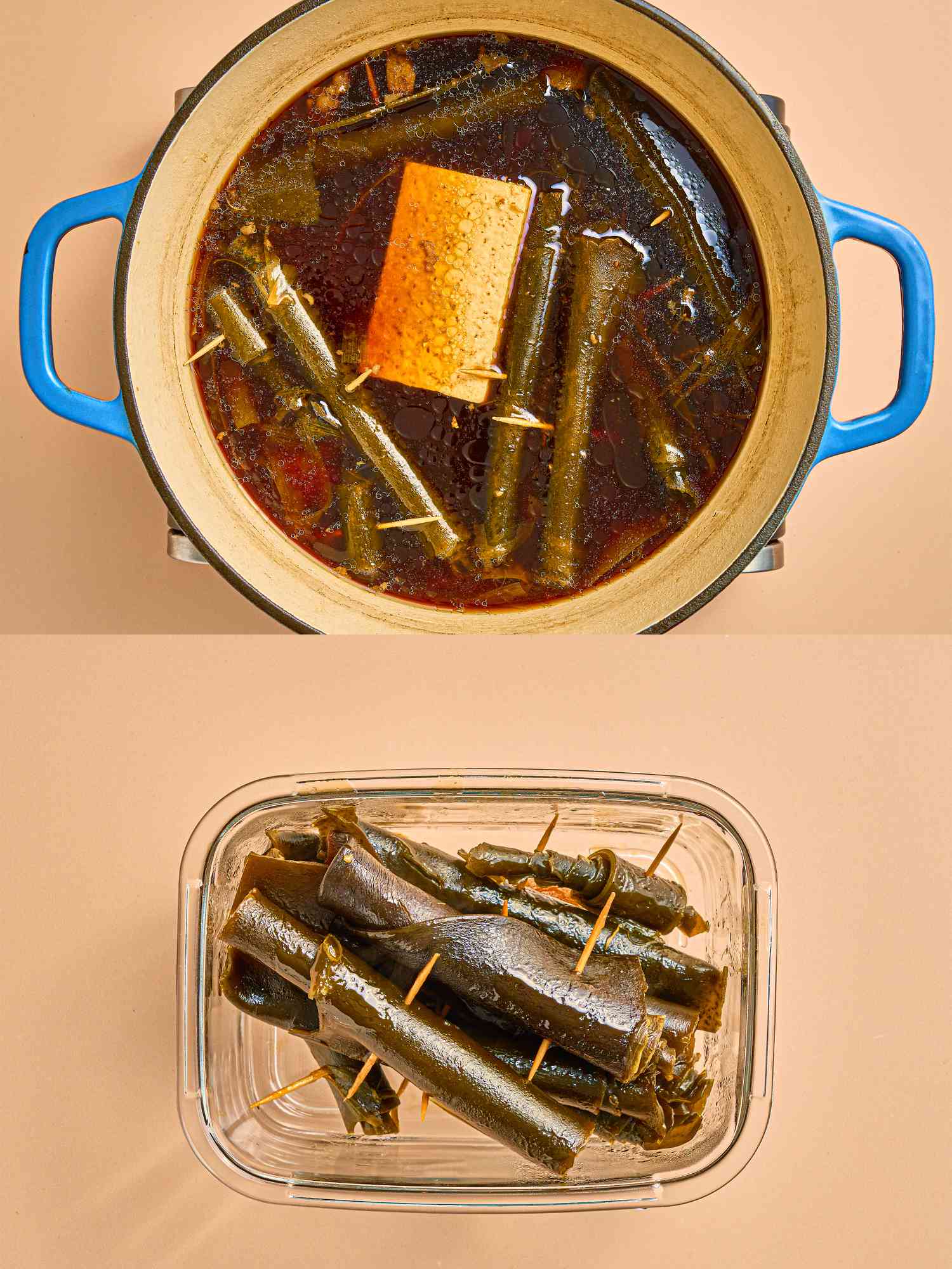 Overhead view of kobu adding and removed from pot