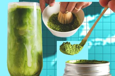 Preparation and serving of matcha tea showcasing powdered matcha a whisk and a glass of prepared tea